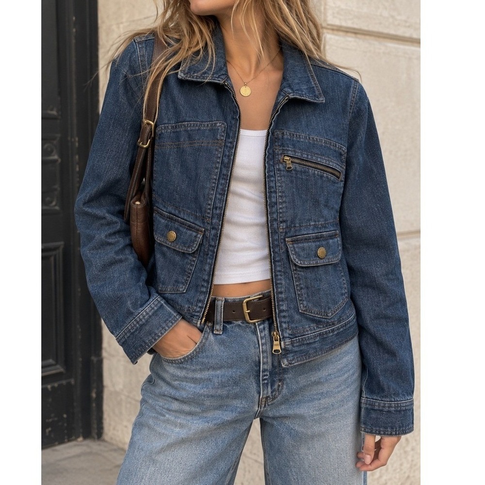 Ralph Lauren LRL Jeans Co Women's Medium Wash Denim Zip Up Utility Jacket- M